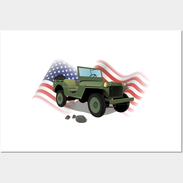 WWII Willys US Army Truck with American Flag Wall Art by NorseTech